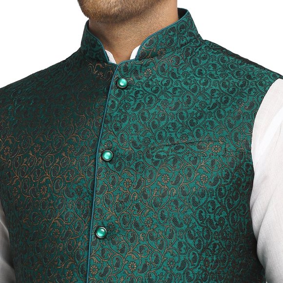 Sleeveless Traditional Brocade Silk Fabric Green Nehru Jacket by Treemoda - Picture 4 of 5
